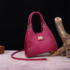 Ladies Tote Dark Pink Vegan Leather Bags Crocodile Embossed Zipper Satchel Purse